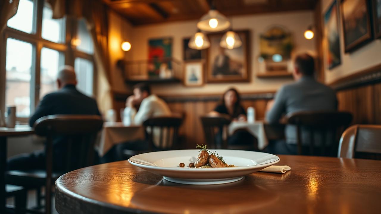 Lokalna restauracja w Dęblinie z daniem na stole i gośćmi w tle